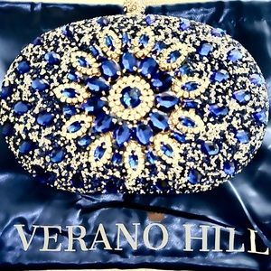 Stunning evening bag with blue and clear crystals.
